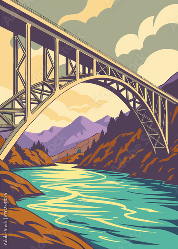 bridge over the river at sunset retro style