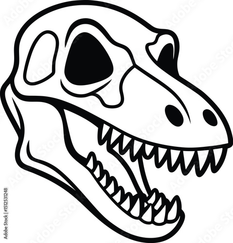 Dinosaur skull silhouette, black fossil vector, prehistoric bone icon, extinct animal graphic
