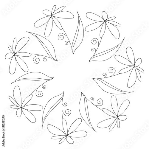 Circular frame with ornamental line art flowers in a botanical style. Suitable vector design for greeting cards, banners, and invitations