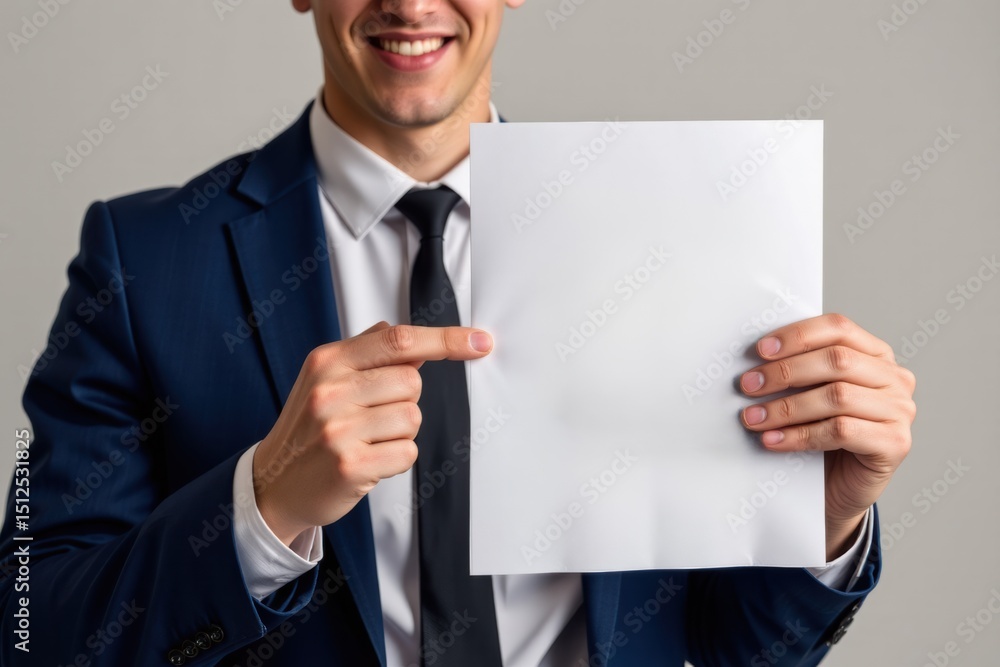 Professional man smiling while holding blank paper in studio Professional man smiling while holding blank paper in studio