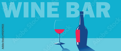 Wine bar, restaurant poster, party, flat design. Red wine bottle, glass, merlot, chardonnay, wine list, drinks, alcohol