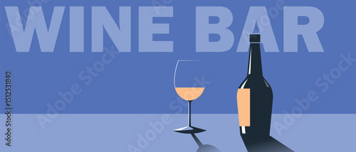 Wine bar, restaurant poster, wine tasting, flat design. Illustration white wine bottle, glass, cabernet, chardonnay, sauvignon, drinking alcohol
