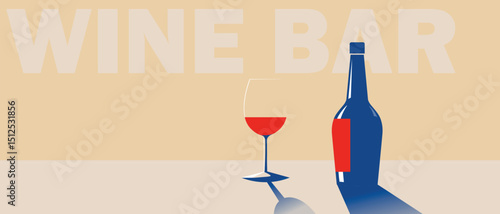 Wine bar, kitchen poster, flat design wine bottle, glass. Drink party, booze, red wine, holiday, merlot, cabernet, chardonnay