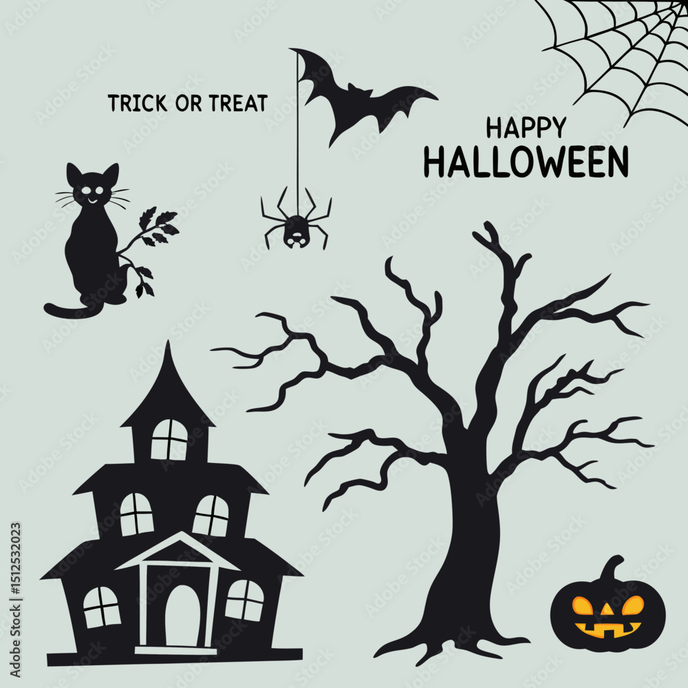 Obraz premium Big set of halloween silhouettes black icon and character. Design of witch, creepy and spooky elements for halloween decorations, sketch, icon, sticker. Hand drawn vector solated background