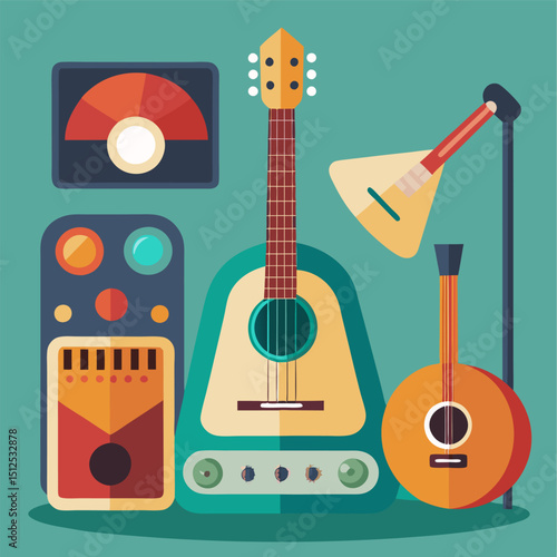 Musical instruments image. Cartoon style. Vector illustration.