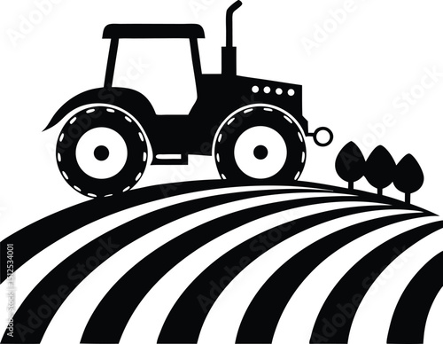 Farm tractor silhouette, agricultural vehicle icon, rural machinery vector, simple farming design
