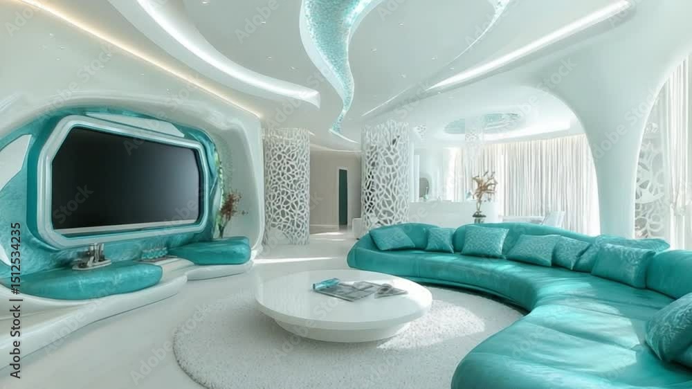 Modern Teal Living Room with Abstract Design Modern Teal Living Room with Abstract Design