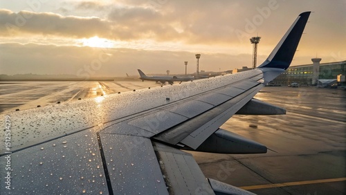 Commercial Airliner Wingtip at Rest Morning Dew on Flaps and Ailerons