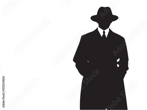 Detective silhouette. Old fashioned detective in hat on white background. Vector style silhouette.