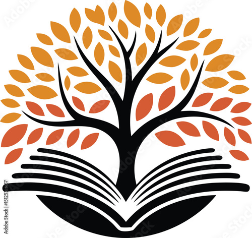 An open book beneath a tree logo