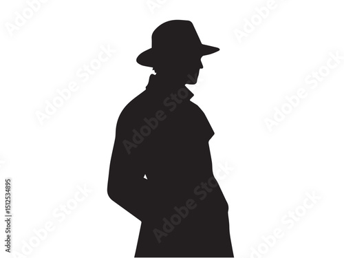 Detective silhouette. Old fashioned detective in hat on white background. Vector style silhouette.