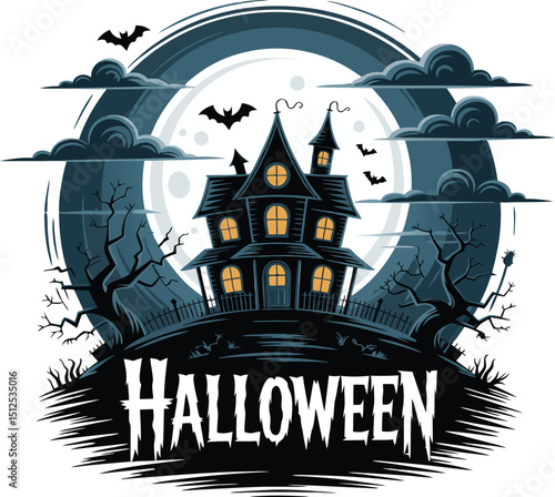Halloween Night  Spooky haunted house silhouette against a full moon