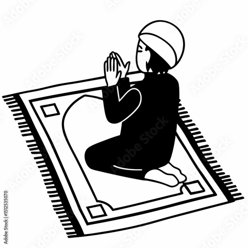 Muslim person praying on prayer mat, isolated illustration