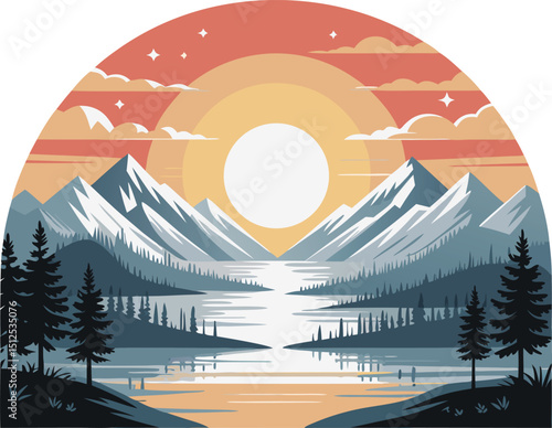 Mountain range at dusk, with a vibrant sun dipping towards the horizon