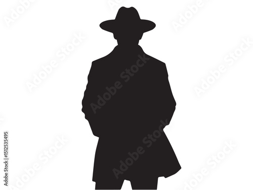 Detective silhouette. Old fashioned detective in hat on white background. Vector style silhouette.	
