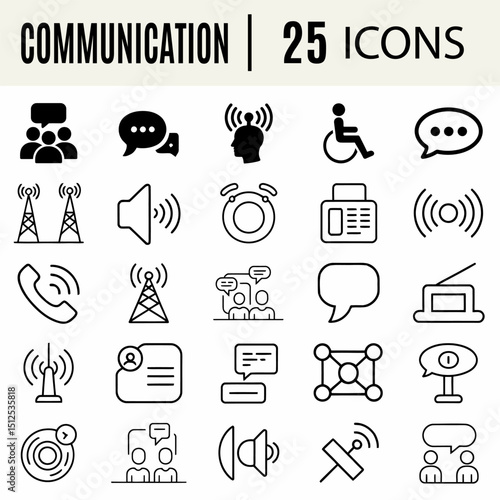 Communication Icons Pack in Outline Style. for Messaging, Networking, Broadcasting