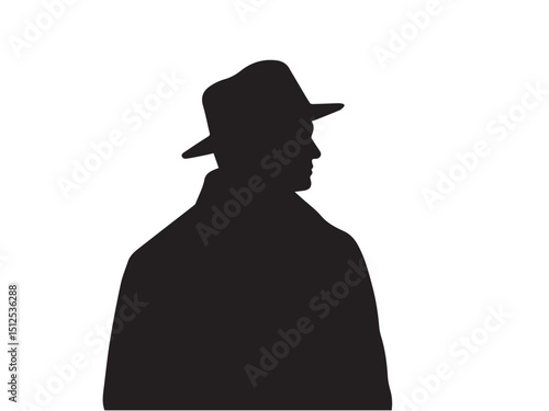Detective silhouette. Old fashioned detective in hat on white background. Vector style silhouette.	
