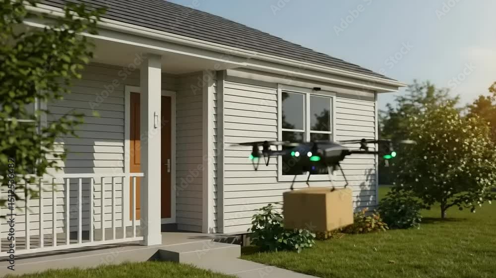 Drone delivering a package to a suburban home, with a sunny garden in the background Drone delivering a package to a suburban home, with a sunny garden in the background