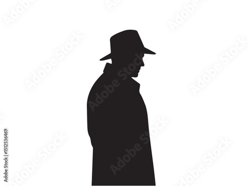 Detective silhouette. Old fashioned detective in hat on white background. Vector style silhouette.	

