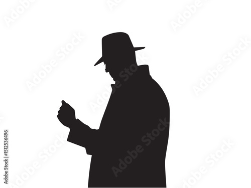 Detective silhouette. Old fashioned detective in hat on white background. Vector style silhouette.	
