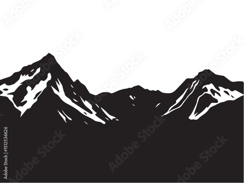 Black mountain range silhouette on white background. Mountain landscape vector silhouette. 