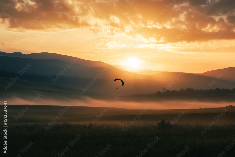Obraz premium Paraglider Silhouette Flying Over Misty Landscape at Sunrise. Generative AI