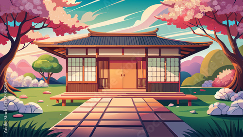 A peaceful Japanese house with sliding doors, wooden floors, curved tiled roof, and serene garden. Surrounded by cherry blossoms, the architecture reflects harmony, nature, and minimalistic design pri