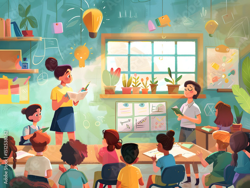 An illustrated classroom with students actively participating, representing learning and engagement.