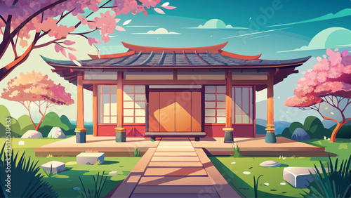 A peaceful Japanese house with sliding doors, wooden floors, curved tiled roof, and serene garden. Surrounded by cherry blossoms, the architecture reflects harmony, nature, and minimalistic design pri