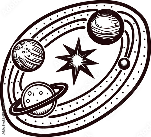 Celestial bodies orbiting around a central star in a stylized space
