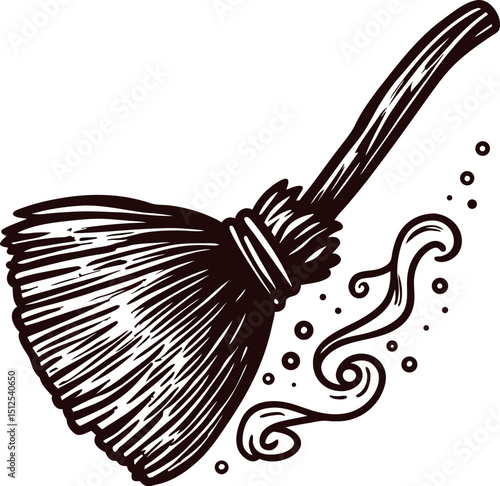 Sketch of an old wooden broom with decorative swirls and bristles