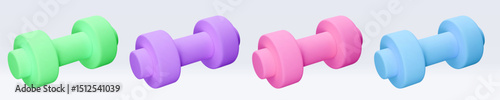 Blue, green, pink, purple, violet Dumbbell Realistic icon, 3d render. Isolated on white backround. Sport And Fitness design set. Vector illustration for shop, flyer, banner, web, advertising, sale