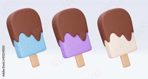 Set Ice cream with chokolate glaze, icon, 3d render. Design elements. Realistic fast food icon. Sweet food. Vector illustration isolated on white for menu, shop, flyer, banner, web, adv, sale