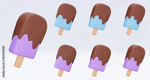 Set Ice cream with chokolate glaze, icon, 3d render. Design elements. Realistic fast food icon. Sweet food. Vector illustration isolated on white for menu, shop, flyer, banner, web, adv, sale