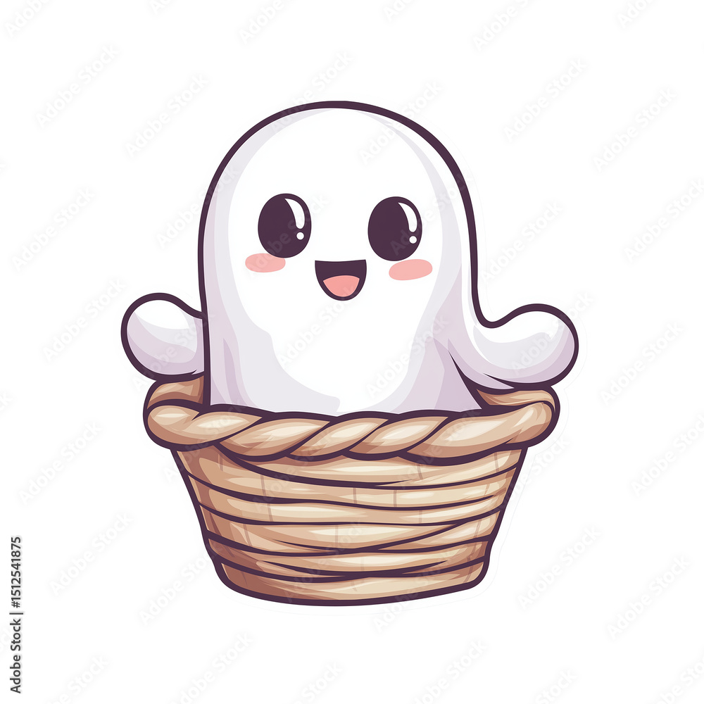Fototapeta premium Adorable cartoon ghost in a wicker basket perfect for halloween and spooky celebrations
