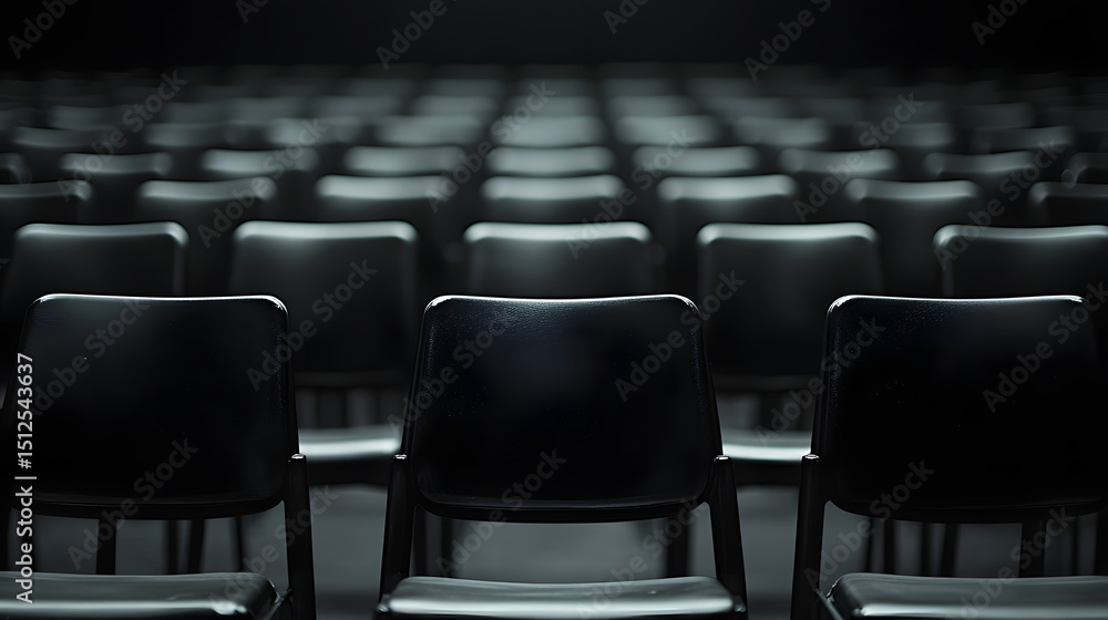 Fototapeta premium Seats of black tribune on sport stadium. empty outdoor arena. concept of fans. chairs for audience. cultural environment concept. color and symmetry. empty seats. modern stadium