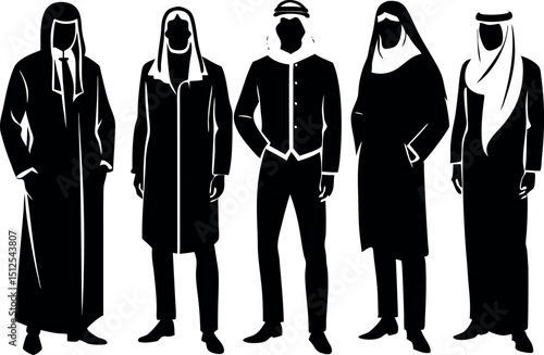 Silhouettes of men in various traditional Middle Eastern or Arabian clothing