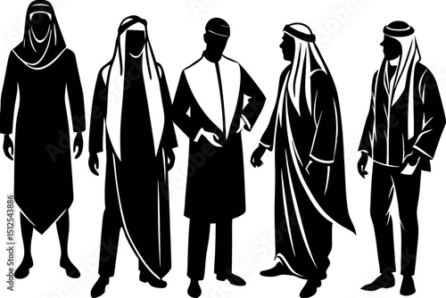Monochrome representation of Arabian men in traditional clothing and modern attire