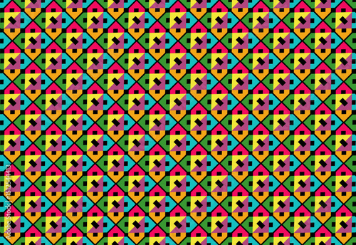 Seamless geometric pattern style color 90s and black with square shapes triangel house icon, Ideal for textile, fashion, wallpaper, and digital backgrounds. Clean, modern, and fully repeatable.