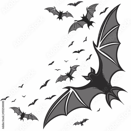 Black bat silhouettes scattered on a white background with lots of free space halloween day