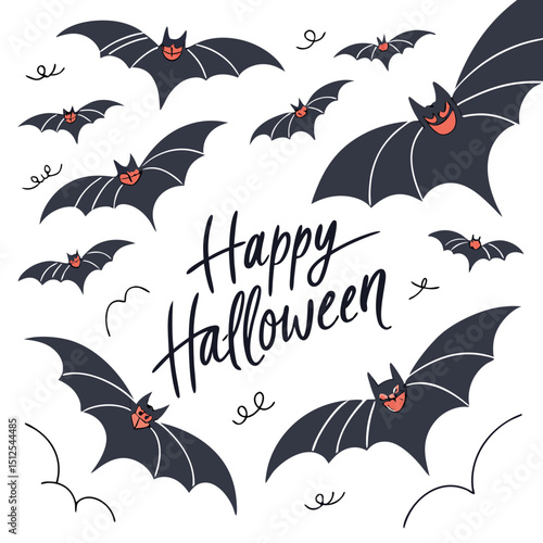Black bat silhouettes scattered on a white background with lots of free space halloween day