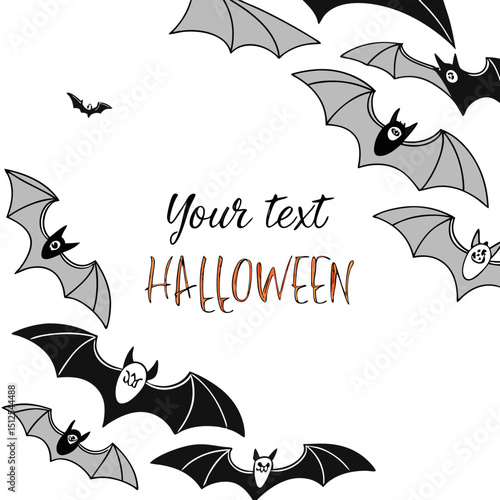 Black bat silhouettes scattered on a white background with lots of free space halloween day