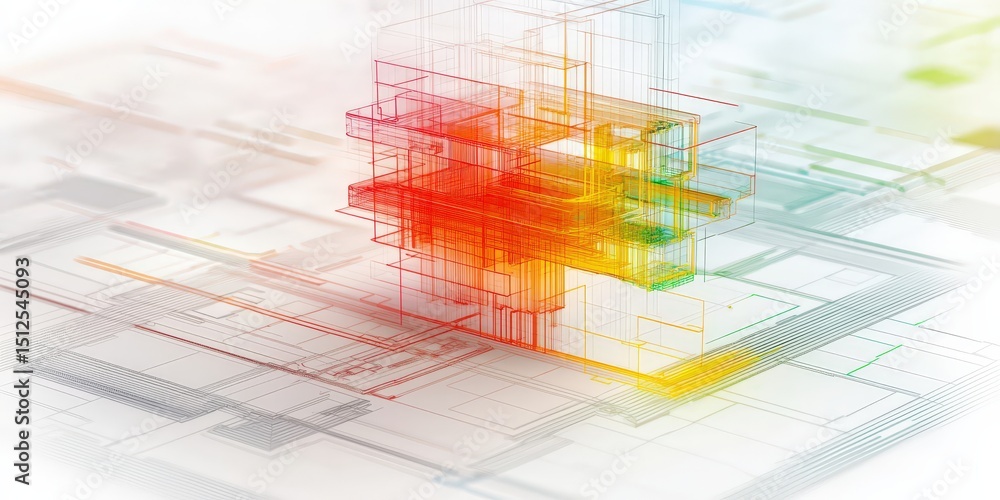 Obraz premium Colorful digital architectural wireframe of a building structure on a white schematic background.