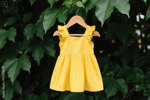 Yellow Pleated Child's Dress Hanging on Wooden Hanger with Green Leaves
