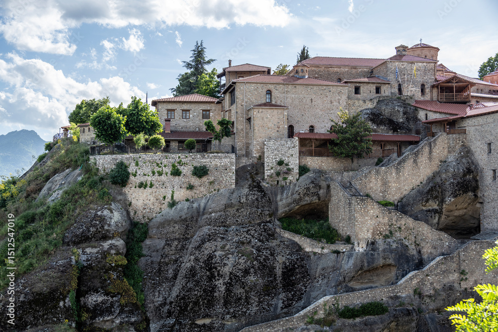 Fototapeta premium ancient churches in the remote mountains of the Meteora Valley in Greece on a May day