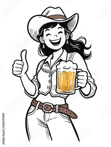 Rodeo girl with cowboy hat, cold beer, and a bold thumbs-up, detailed hand-drawn vector.