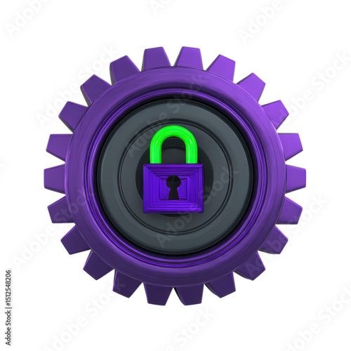3D gear with padlock isolated on transparent background, representing security and protection