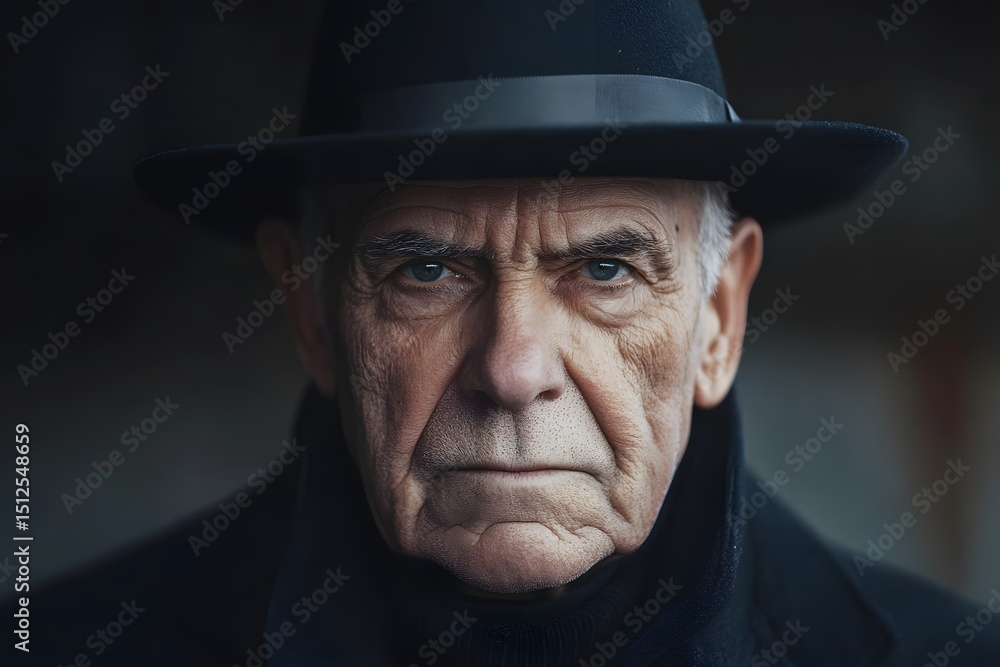 portrait of an old man with a serious expression and grey hair wearing a black coat and hat portrait of an old man with a serious expression and grey hair wearing a black coat and hat