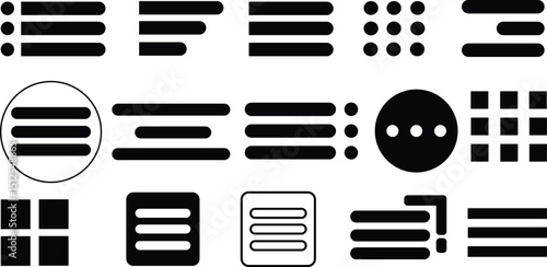 black interface icons ui elements hamburger menu grid patterns navigation symbols web design mobile app ISOLATED ON WHITE BACKGROUND.