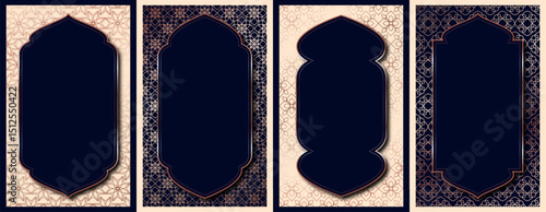 Islamic greeting card collection luxury 3d style with arabic pattern for poster, holiday cover, banner vector